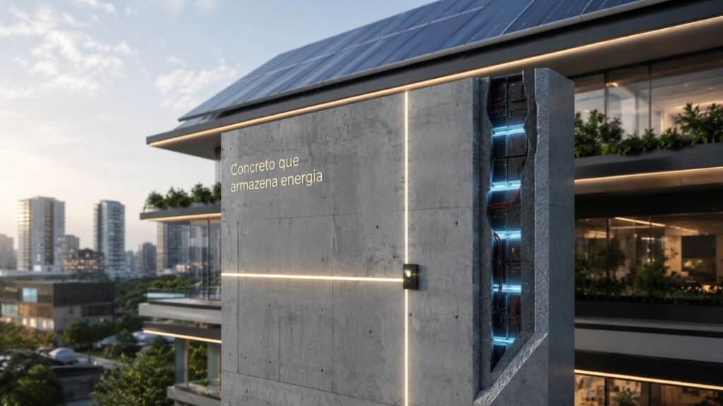 Pesquisadores do MIT desenvolvem concreto condutor que armazena 10 vezes mais energia, até 2 kWh por m³, podendo transformar paredes e pontes em baterias estruturais