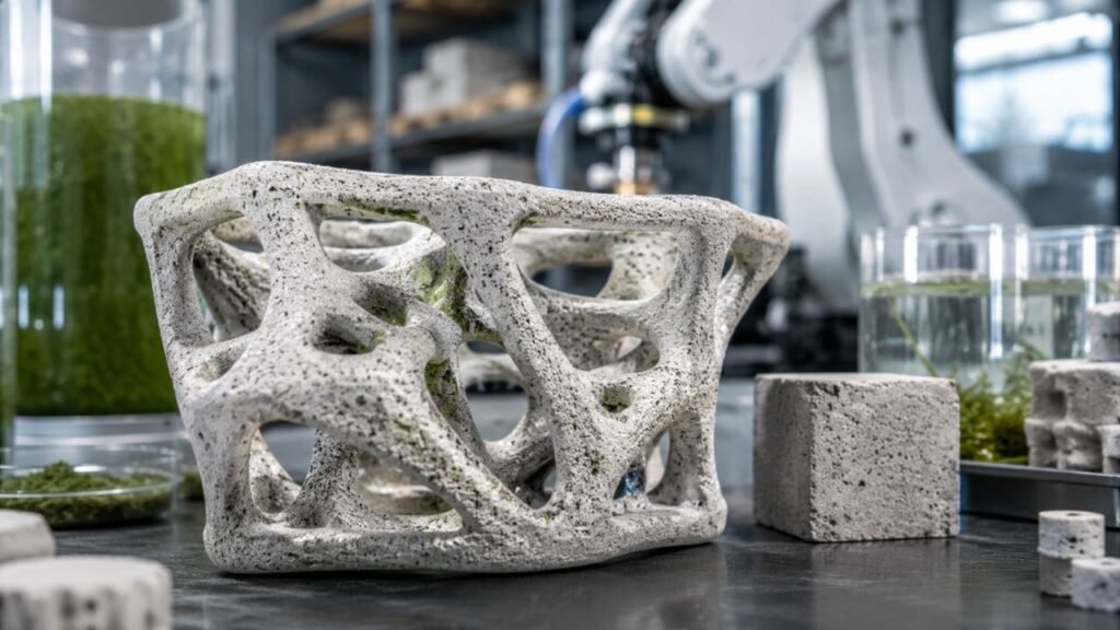 Pesquisadores da Universidade da Pensilvânia desenvolveram um concreto impresso em 3D que captura até 142% mais CO2 usando microalgas fossilizadas