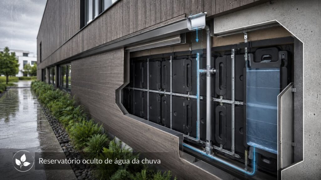 Uma empresa francesa desenvolveu um sistema exclusivo, oculto em fachadas, que coleta água da chuva, permitindo a integração de até 2.000 litros de água em paredes urbanas sem comprometer a estética ou o isolamento