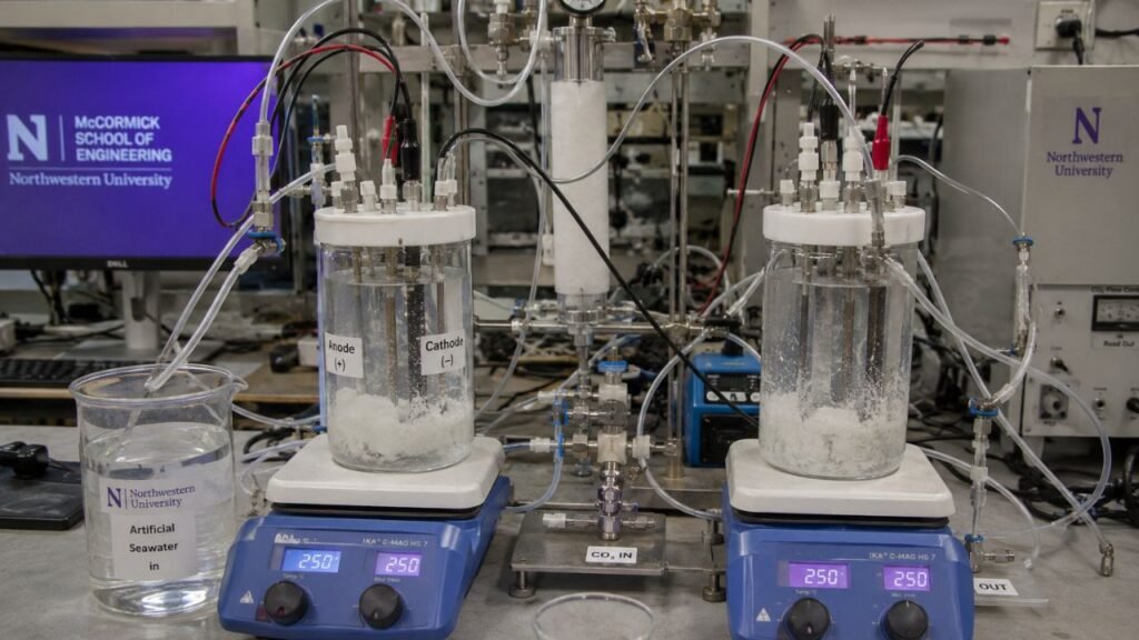 Cientistas da Northwestern desenvolvem material inovador feito com água do mar, eletricidade e CO2; ele pode substituir a areia no concreto