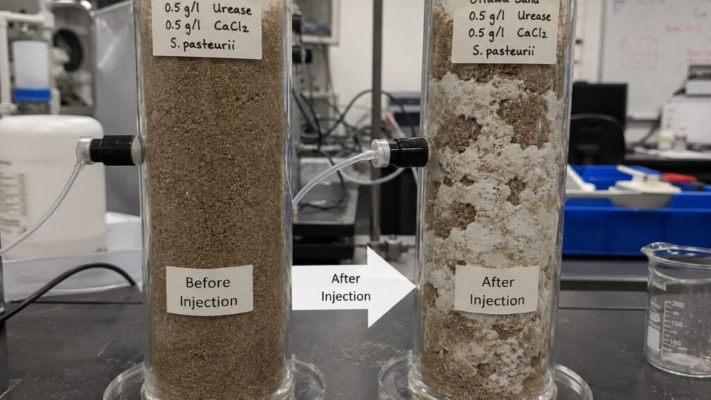 Cientistas desenvolveram um método inovador para liofilizar bactérias, usando-as como uma "cola" para fortalecer o solo e reparar estruturas de concreto