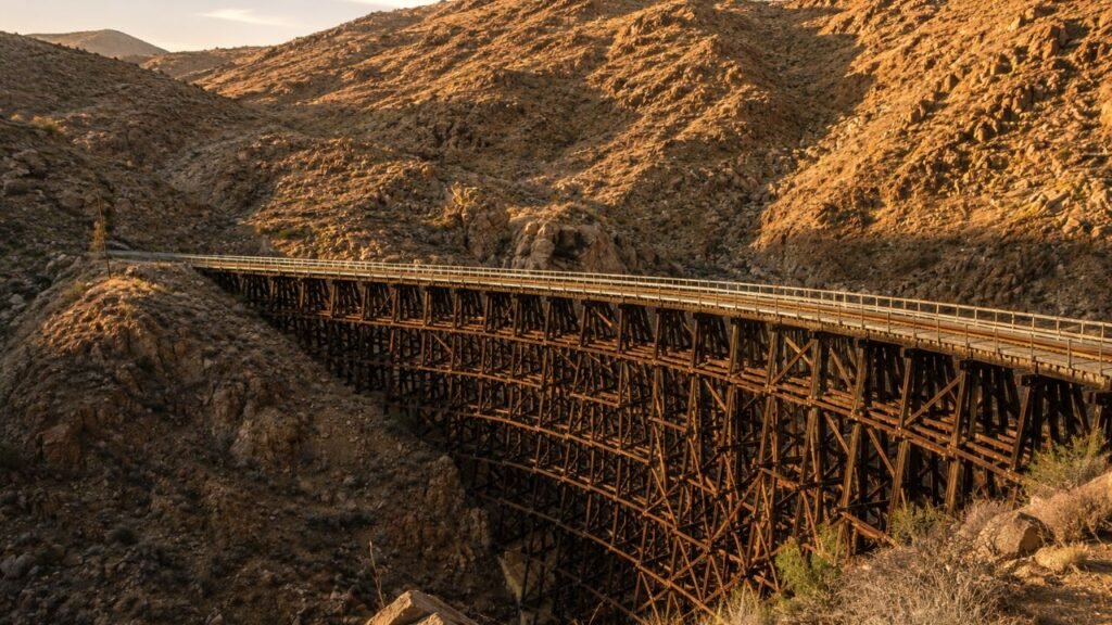 A maior ponte de cavaletes de madeira do mundo permanece de pé após quase 100 anos, desafiando o tempo e as duras condições do deserto