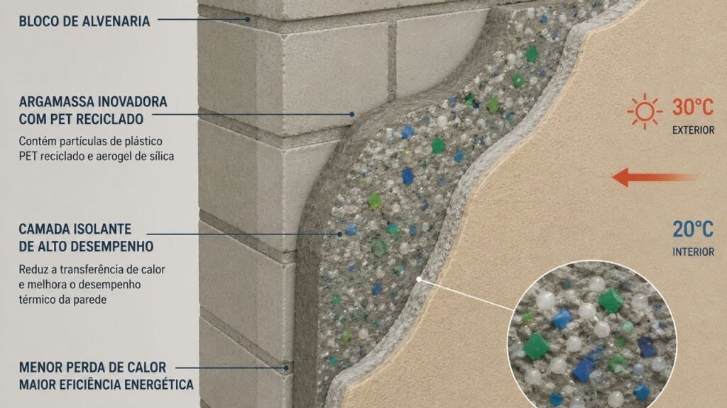 Uma equipe de pesquisadores da Universidade de Newcastle desenvolveu uma argamassa inovadora, utilizando plástico reciclado e aerogel de sílica, que reduz a perda de calor em edifícios em 55%