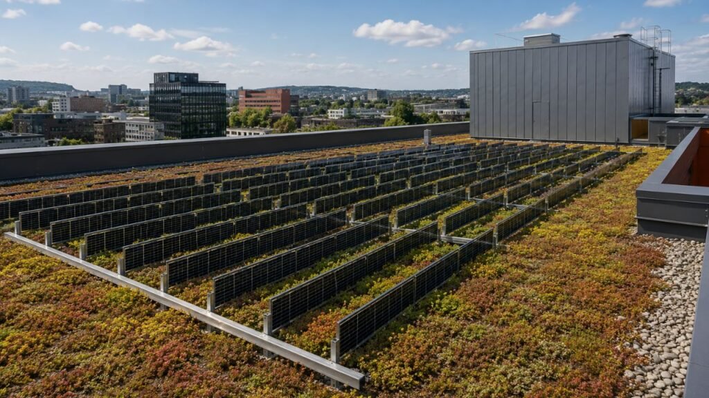 A Escola Løren instala o primeiro telhado verde de Oslo com painéis solares fotovoltaicos verticais