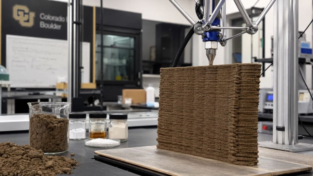 Pesquisadores da Universidade do Colorado estão usando um ingrediente derivado de algas para imprimir paredes de terra em 3D 33% mais rápido