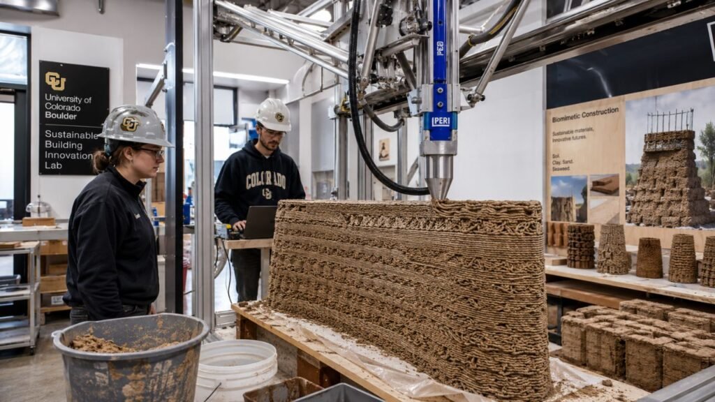 Pesquisadores da Universidade do Colorado estão usando um ingrediente derivado de algas para imprimir paredes de terra em 3D 33% mais rápido