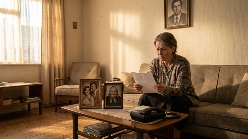 Mulher sentada no sofá segurando carta manuscrita com as duas mãos, fotos da sogra e do marido sobre a mesa, expressão preocupada