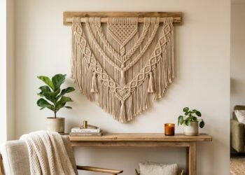 Painel texturizado com corda de algodão usa corda 6 mm e técnica DIY simples para criar decoração boho chic por menos de R$35