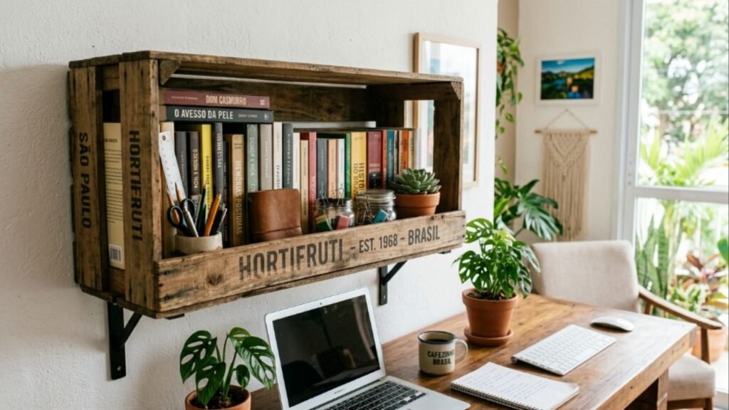 Não jogue caixotes de feira de madeira fora! Ideias para reutilizar esses tesouros rústicos para montar prateleiras de livros e organizar o home office