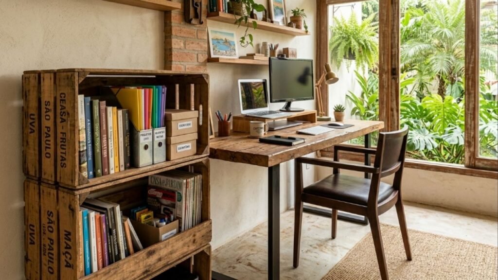 Não jogue caixotes de feira de madeira fora! Ideias para reutilizar esses tesouros rústicos para montar prateleiras de livros e organizar o home office