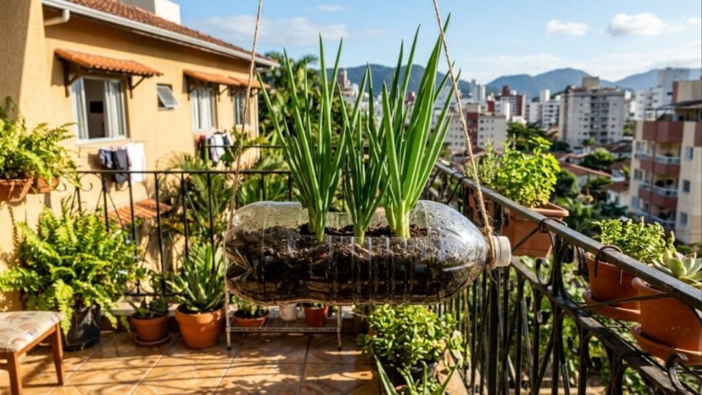 Não jogue fora as garrafas PET vazias: veja como transformá-las em uma linda horta suspensa para cultivar cebolinha e outros temperos dentro do apartamento