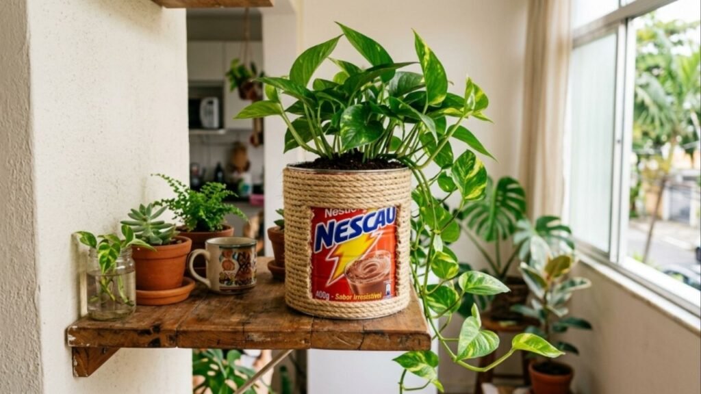 Não jogue fora as latas de achocolatado vazias, elas podem virar cachepôs rústicos e elegantes para as plantas da sua casa