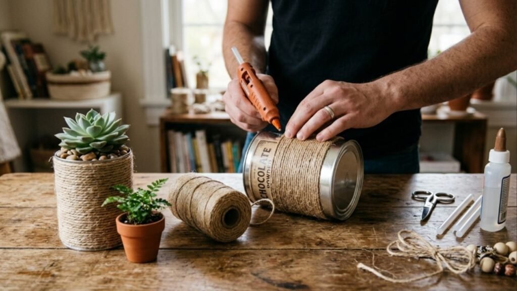 Não jogue fora as latas de achocolatado vazias, elas podem virar cachepôs rústicos e elegantes para as plantas da sua casa
