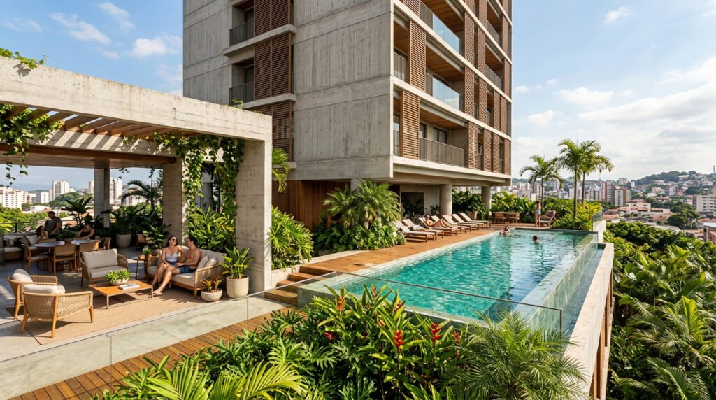 Fachadas de concreto em camadas e vegetação tropical dão forma à Torre Maya, projetada por Perkins & Will, no Brasil