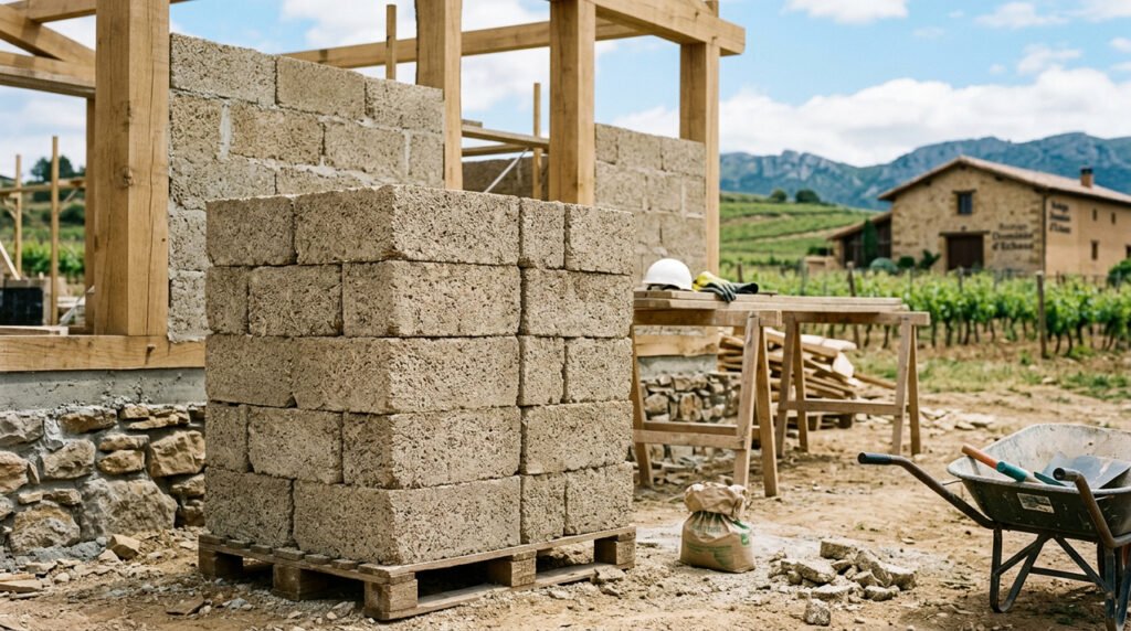 Arquitetos espanhóis constroem vinícola com blocos de hempcrete, um biocompósito de fibras de cânhamo, cal e água, com alta eficiência térmica que reduz a necessidade de sistemas mecânicos de ar condicionado