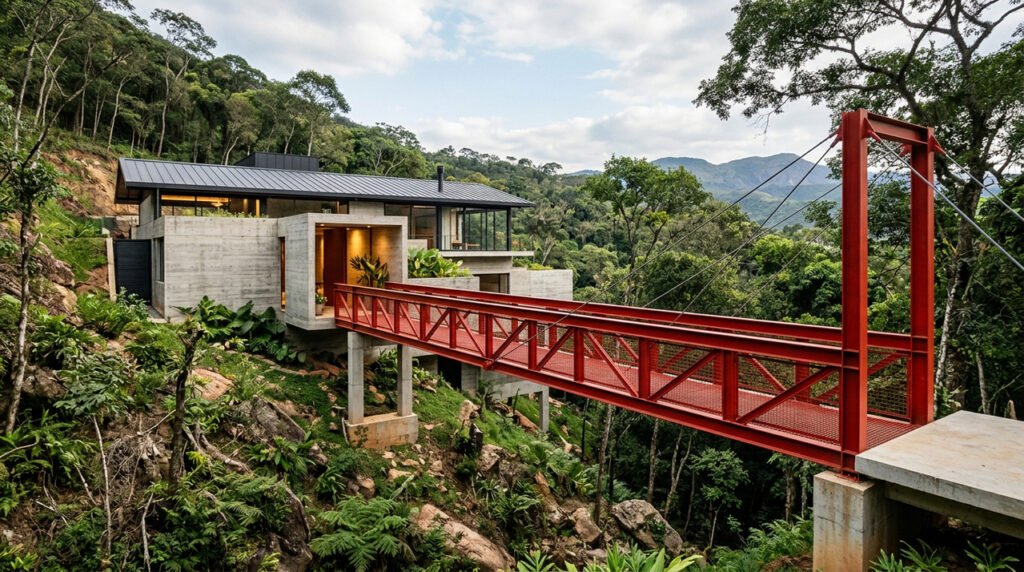 Passarela metálica elevada vermelha estende a Casa Castela por uma encosta íngreme no Brasil