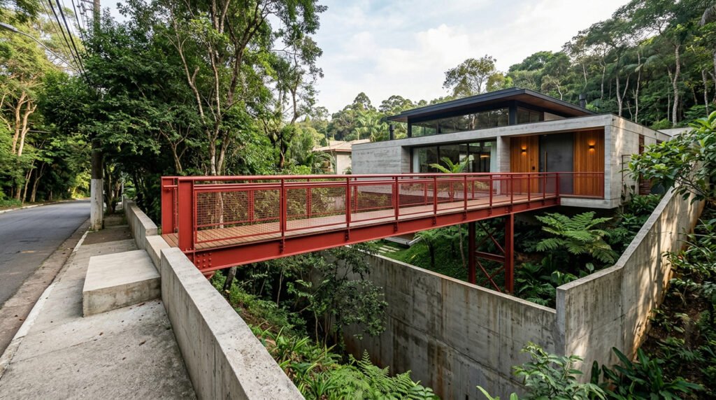 Passarela metálica elevada vermelha estende a Casa Castela por uma encosta íngreme no Brasil