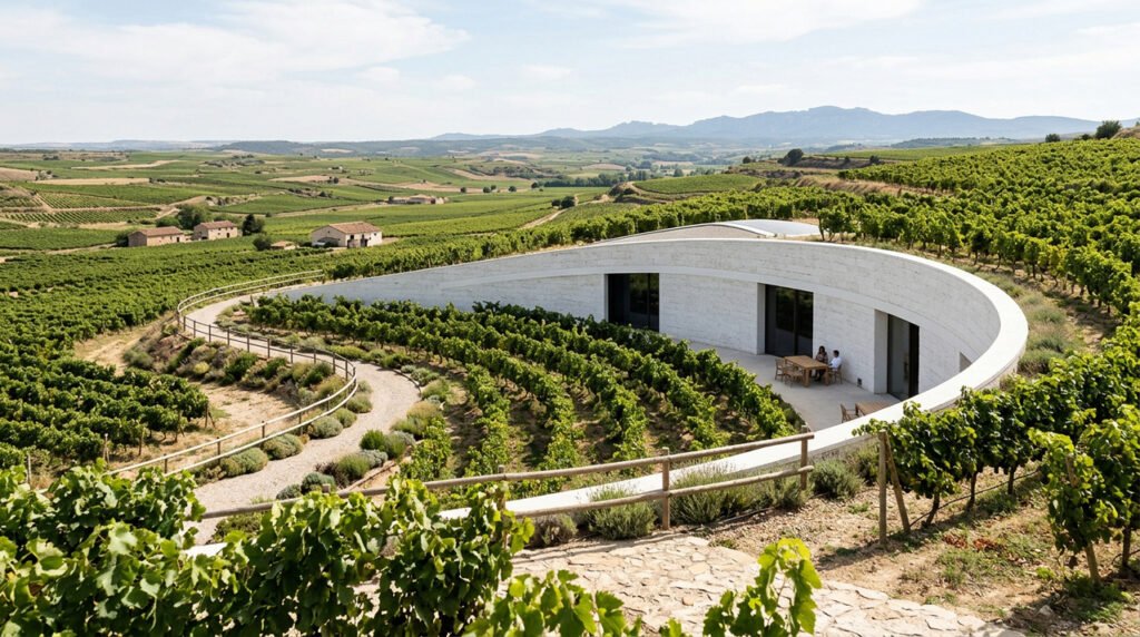 Arquitetos espanhóis constroem vinícola com blocos de hempcrete, um biocompósito de fibras de cânhamo, cal e água, com alta eficiência térmica que reduz a necessidade de sistemas mecânicos de ar condicionado