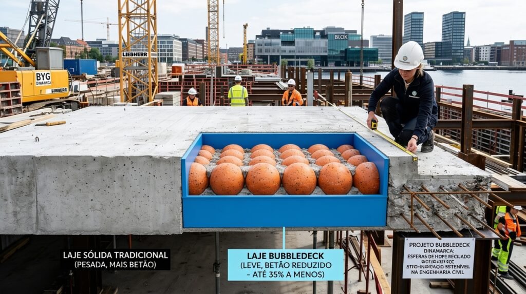 Tecnologia dinamarquesa reduz o uso de cimento em lajes de concreto com esferas de plástico reciclado; cada quilograma de plástico substitui 100 kg de cimento