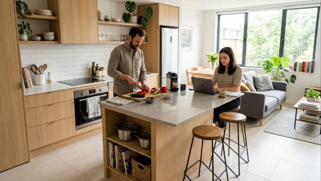 Adeus à mesa de jantar gigante ocupando espaço: a bancada ilha integrada que está tomando o lugar nas reformas de 2026 para otimizar apartamentos pequenos