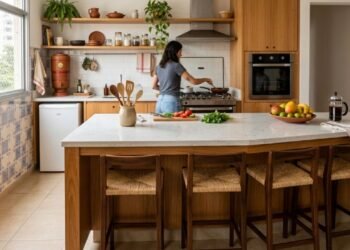 Adeus à mesa de jantar gigante ocupando espaço: a bancada ilha integrada que está tomando o lugar nas reformas de 2026 para otimizar apartamentos pequenos