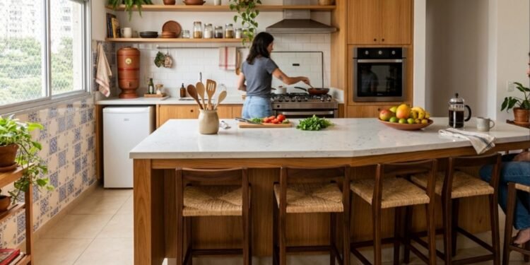 Adeus à mesa de jantar gigante ocupando espaço: a bancada ilha integrada que está tomando o lugar nas reformas de 2026 para otimizar apartamentos pequenos