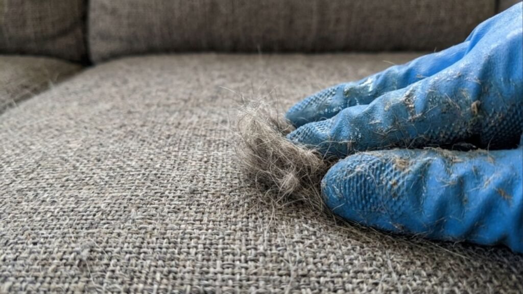 Como remover pelos de cachorro grudados no tecido do sofá usando uma luva de borracha úmida: o truque fácil de limpeza que está na moda e sempre funciona