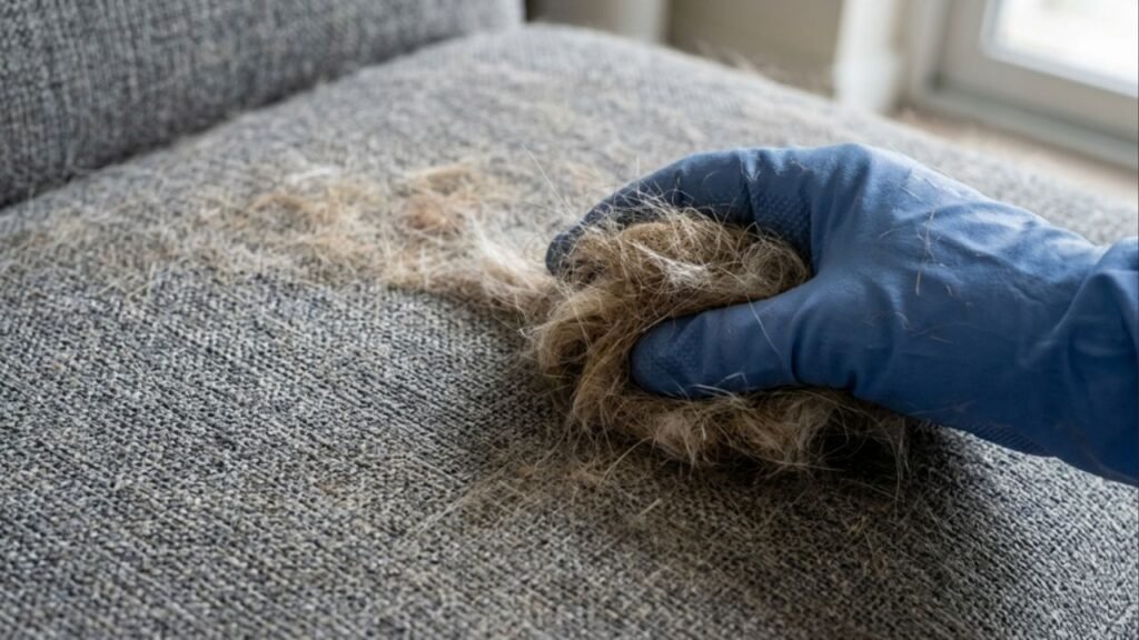 Como remover pelos de cachorro grudados no tecido do sofá usando uma luva de borracha úmida: o truque fácil de limpeza que está na moda e sempre funciona