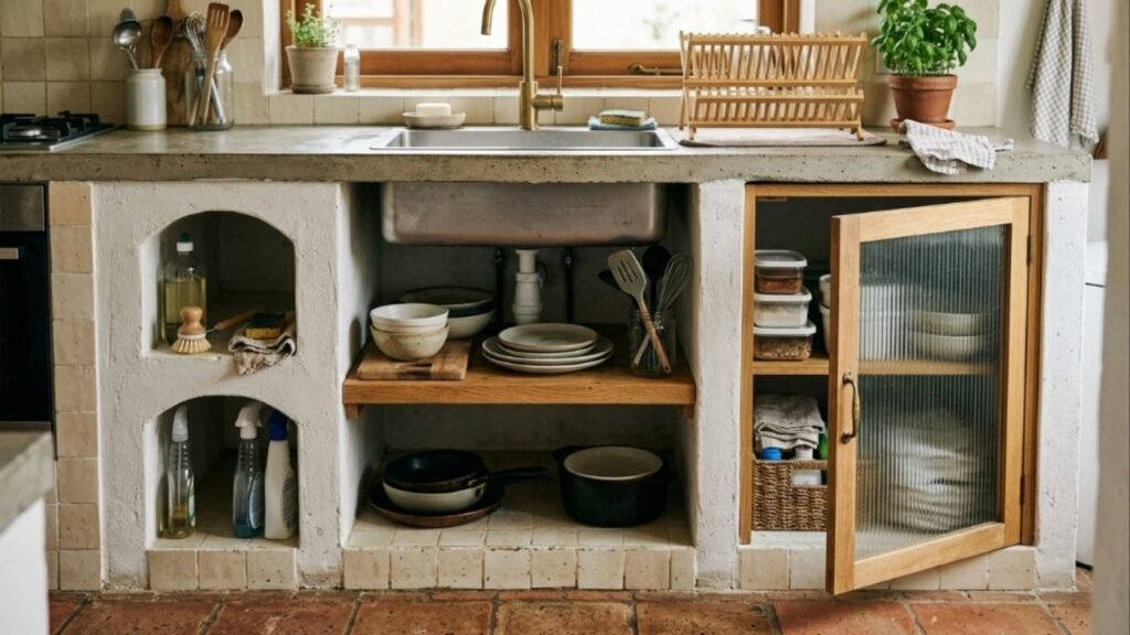 Adeus ao gabinete de pia de madeira aglomerada que incha: a estrutura de alvenaria com portas de vidro que está tomando o lugar nas reformas de cozinhas em 2026