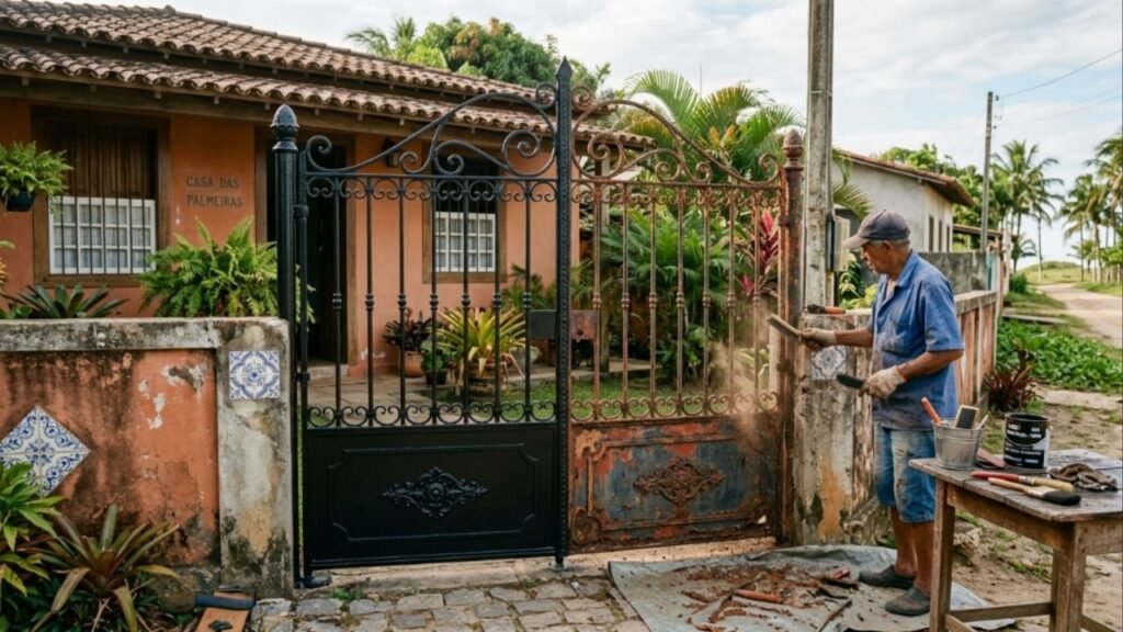 Como lixar e pintar o portão de ferro enferrujado com zarcão para recuperar a fachada da casa e proteger a estrutura contra a maresia