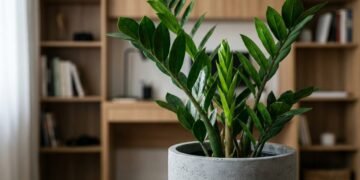 O truque que ajuda a zamioculca a voltar a produzir brotos em vaso de concreto