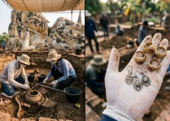 Arqueólogos encontram sob antiga estátua de Buda um depósito ritual com anéis de ouro, brincos de prata e peças de bronze