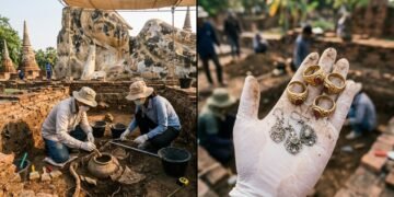 Arqueólogos encontram sob antiga estátua de Buda um depósito ritual com anéis de ouro, brincos de prata e peças de bronze