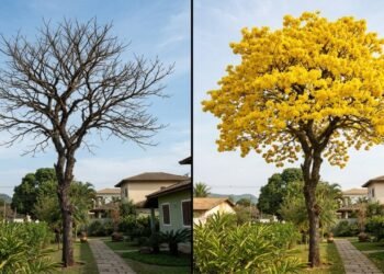 Esta árvore perde quase todas as folhas antes de transformar o jardim em uma enorme copa de flores amarelas