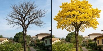 Esta árvore perde quase todas as folhas antes de transformar o jardim em uma enorme copa de flores amarelas