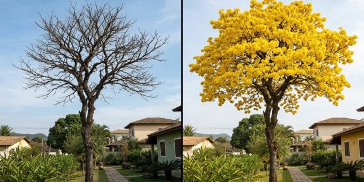 Esta árvore perde quase todas as folhas antes de transformar o jardim em uma enorme copa de flores amarelas