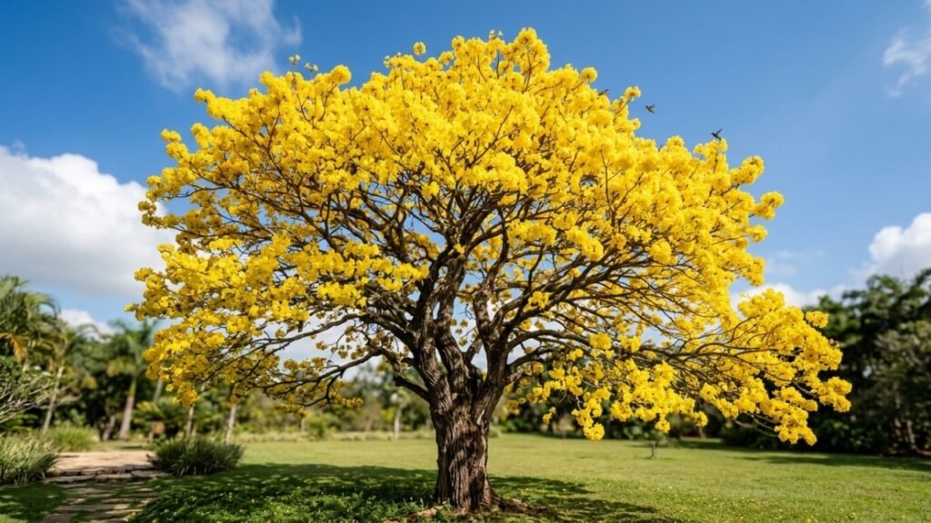 Esta árvore perde quase todas as folhas antes de transformar o jardim em uma enorme copa de flores amarelas