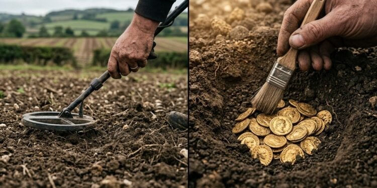 Homem saiu com um detector de metais para procurar um martelo perdido e encontrou mais de 15 mil moedas, joias e objetos romanos