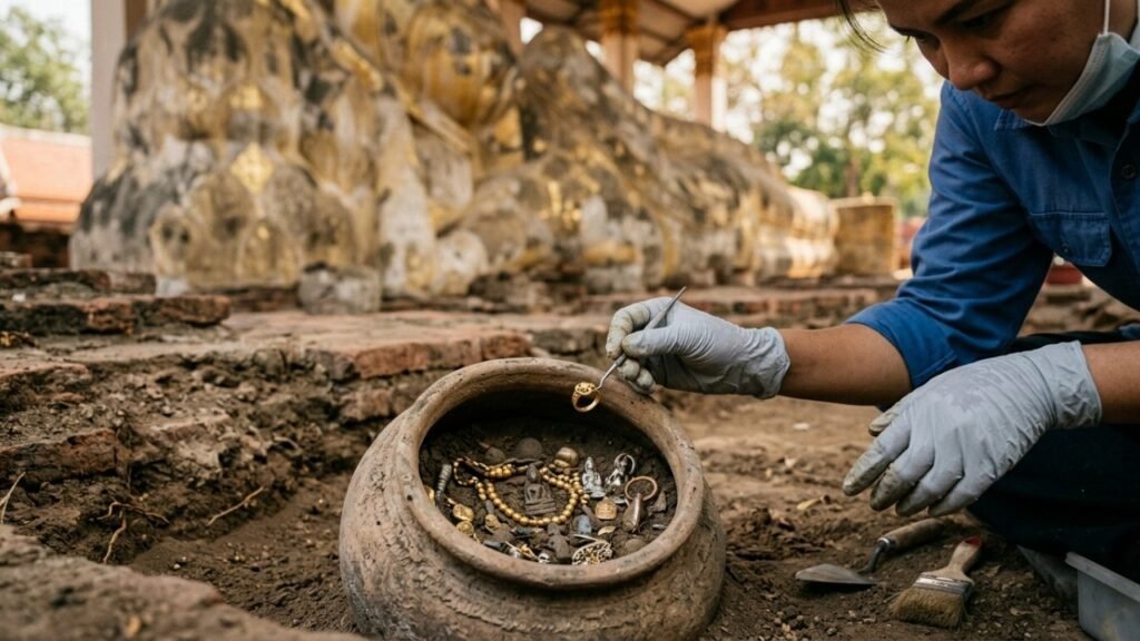 Arqueólogos encontram sob antiga estátua de Buda um depósito ritual com anéis de ouro, brincos de prata e peças de bronze
