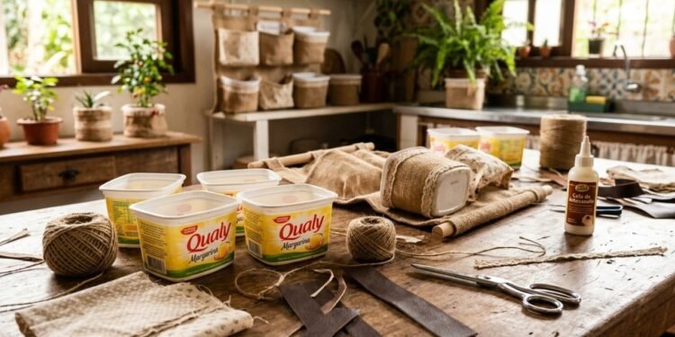 Como transformar potes de margarina em cestos organizadores suspensos