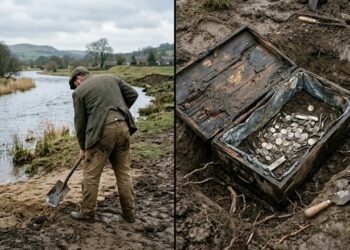 Operários trabalhavam às margens de um rio quando encontraram um baú com 7 mil moedas e 31 quilos de prata viking