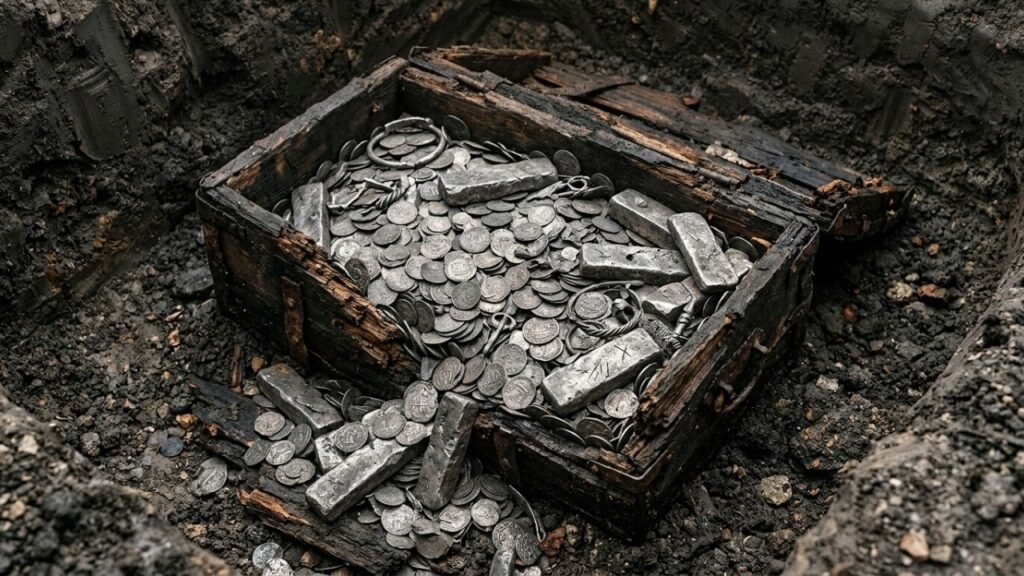 Operários trabalhavam às margens de um rio quando encontraram um baú com 7 mil moedas e 31 quilos de prata viking