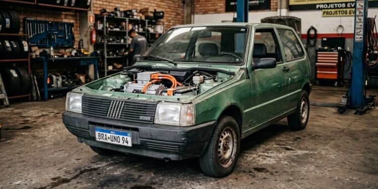 Adeus ao motor a combustão: mecânicos adaptam motor elétrico de BYD em um Fiat Uno antigo e o resultado surpreende