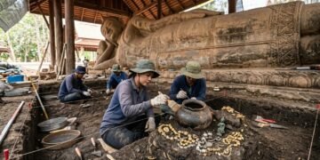 Trabalhadores consertavam a drenagem de um templo quando encontraram 33 objetos de ouro, prata e bronze sob um Buda de 1.300 anos