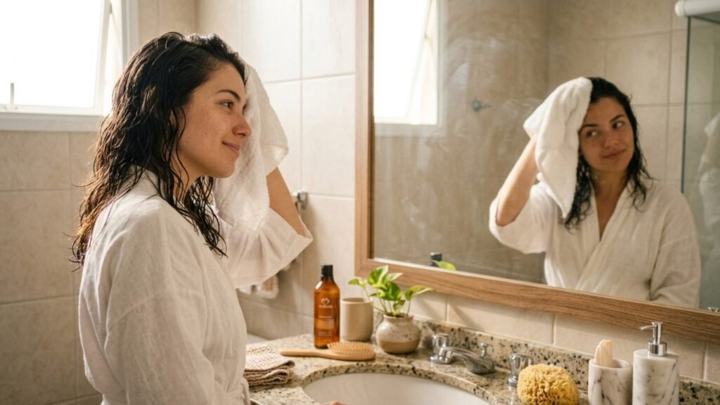 Seu cabelo acorda pesado ou cheio de frizz? O horário da lavagem pode estar sabotando seus fios