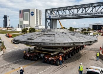 Estrutura gigantesca com formato de OVNI chega ao Centro Espacial Kennedy da NASA e chama atenção