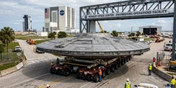 Estrutura gigantesca com formato de OVNI chega ao Centro Espacial Kennedy da NASA e chama atenção