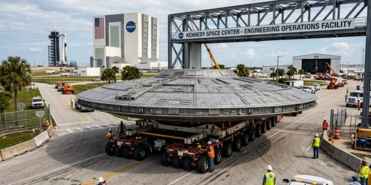 Estrutura gigantesca com formato de OVNI chega ao Centro Espacial Kennedy da NASA e chama atenção