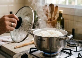 Após cozinhar o arroz, a tampa da panela de arroz deve ficar fechada ou aberta