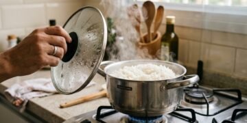 Após cozinhar o arroz, a tampa da panela de arroz deve ficar fechada ou aberta